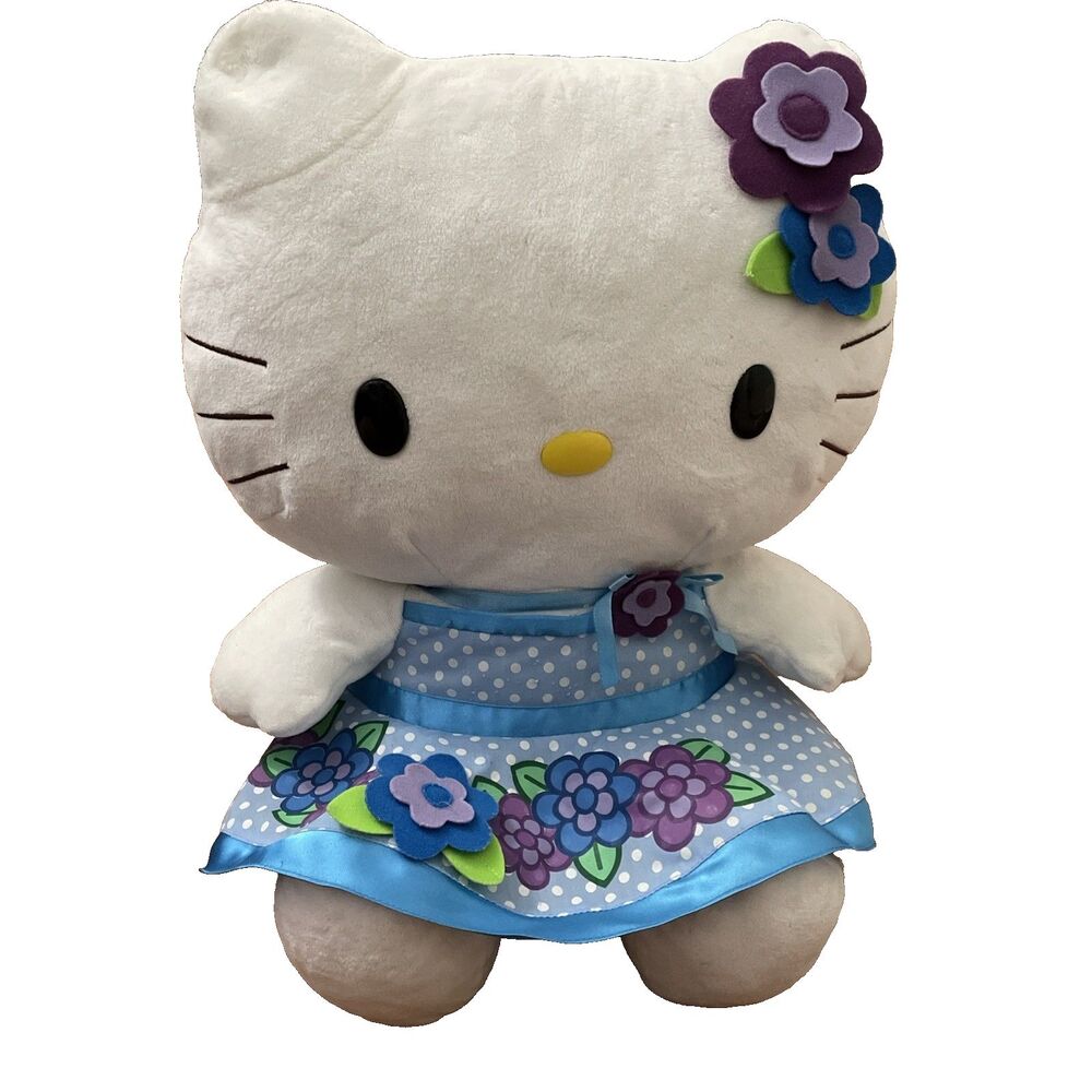 Vintage Hello Kitty Nakajima Plush 15" 2006 Sanrio Blue Polka Dot Floral Dress
